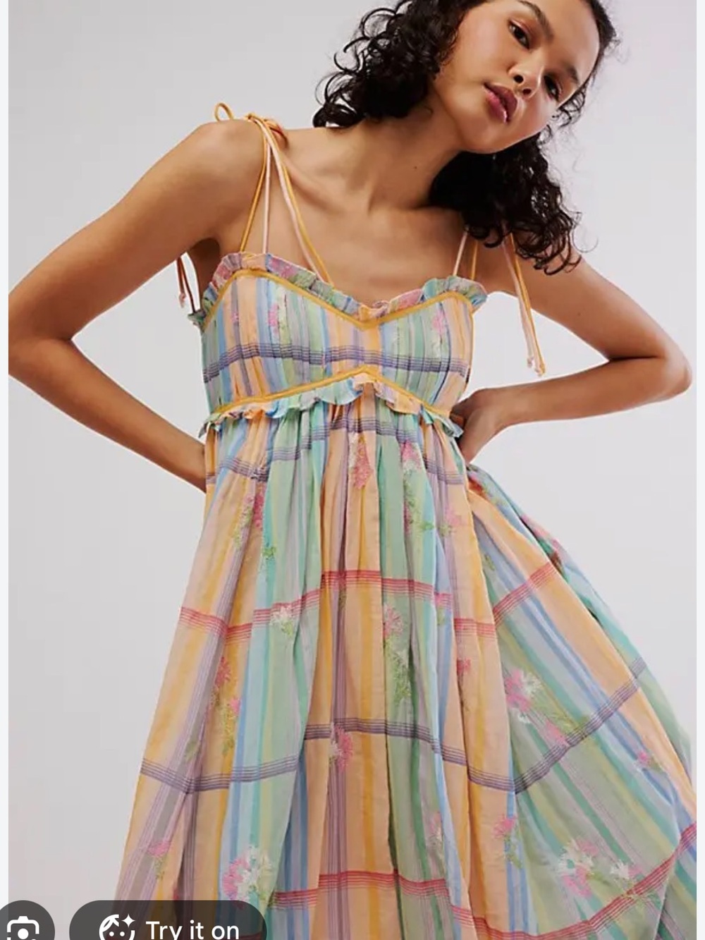 Free People Willow Embroidered Plaid Rainbow Colorful Maxi Dress L